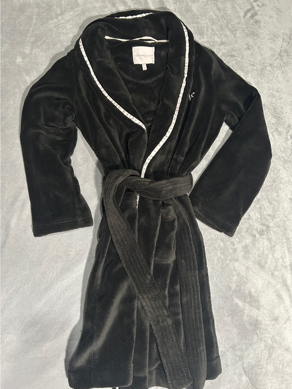 Victoria's Secret Black Plush Shawl-Collar Robe with White Trim